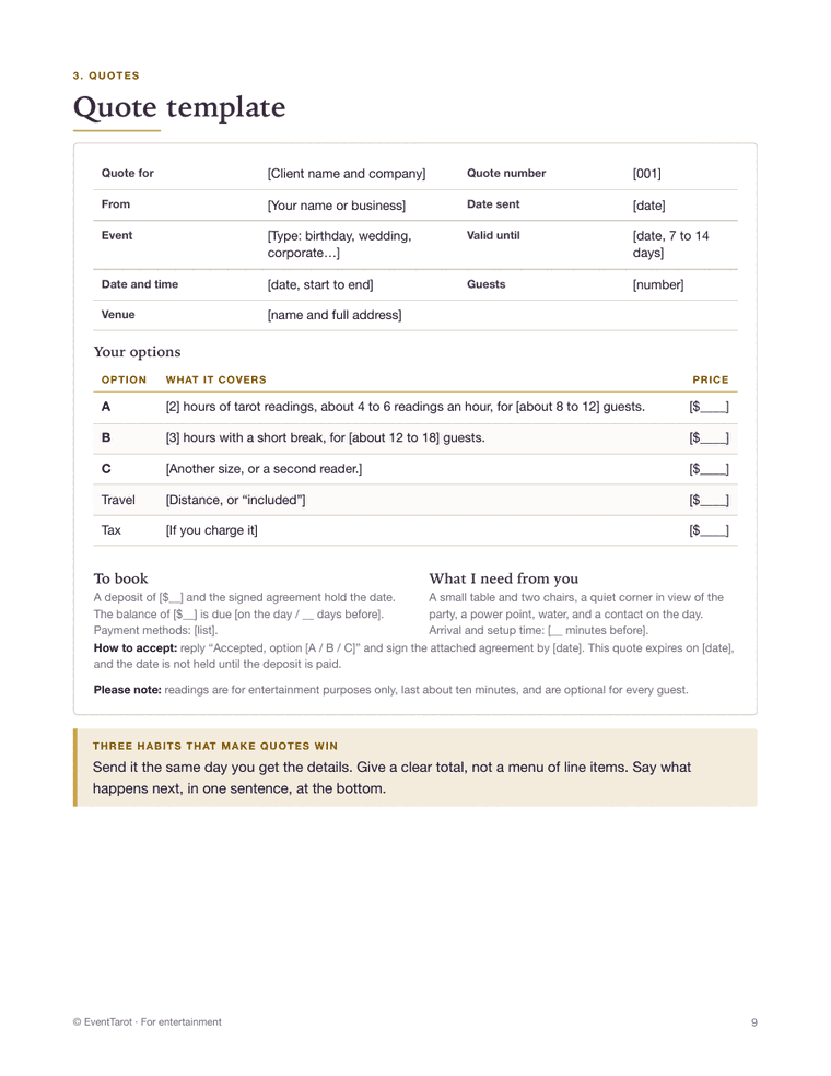 A page from the Event Reader Business Kit showing the quote template
