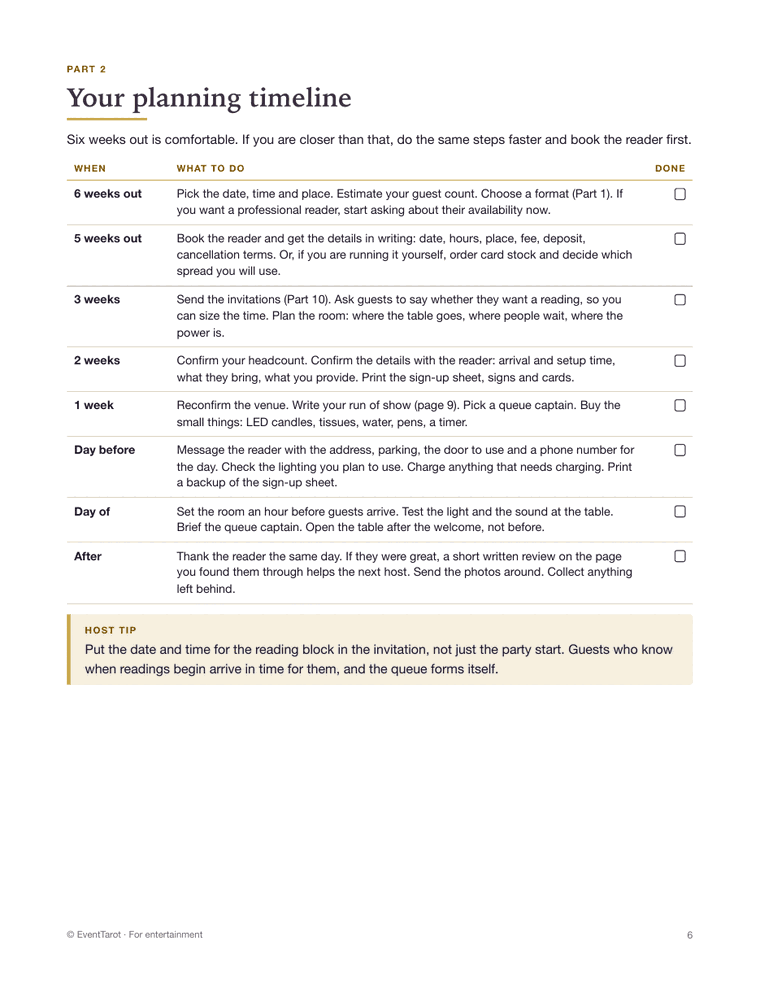 A page from the Tarot Party Kit showing the planning timeline