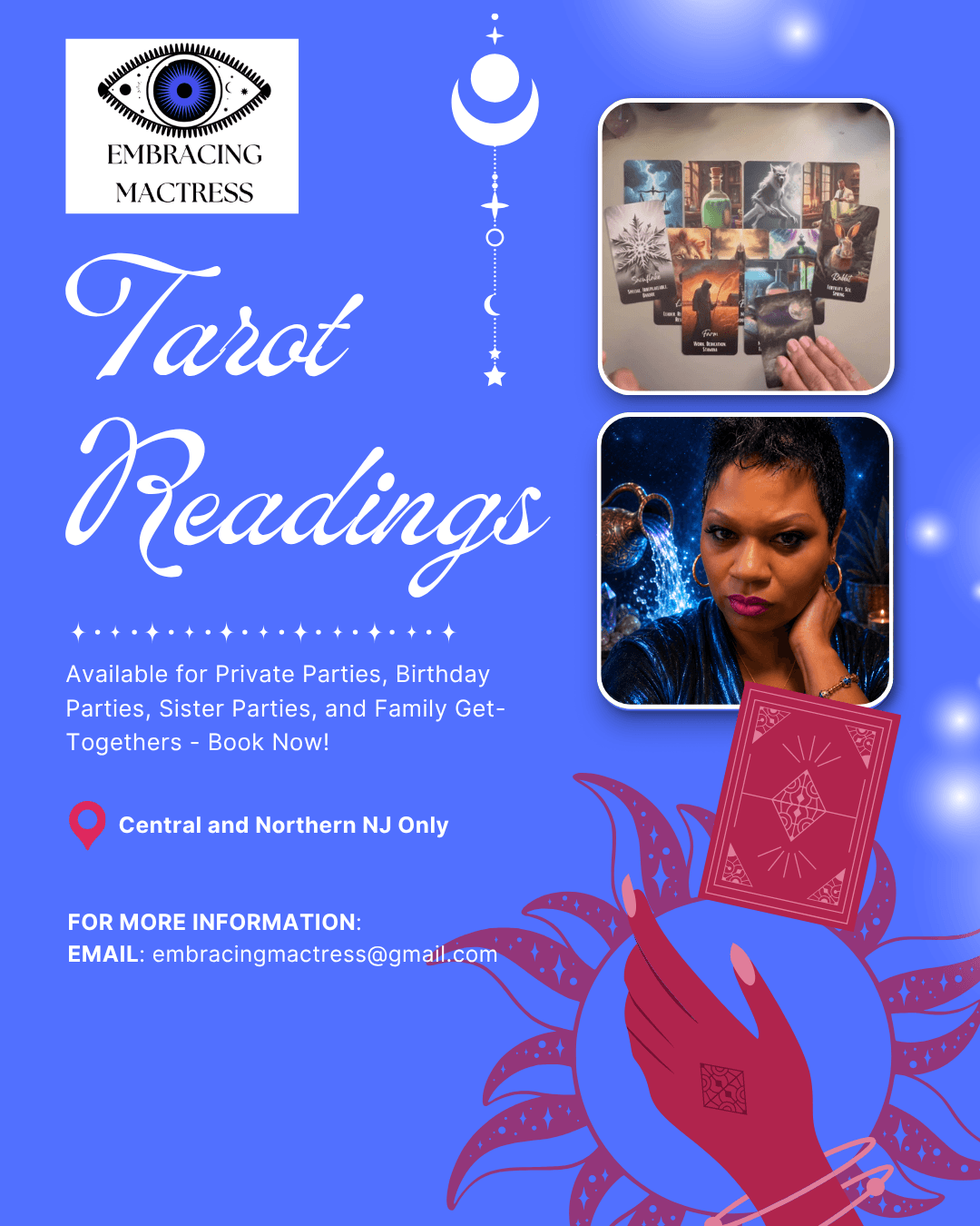 Embracing Mactress Tarot, tarot reader for events in Edison